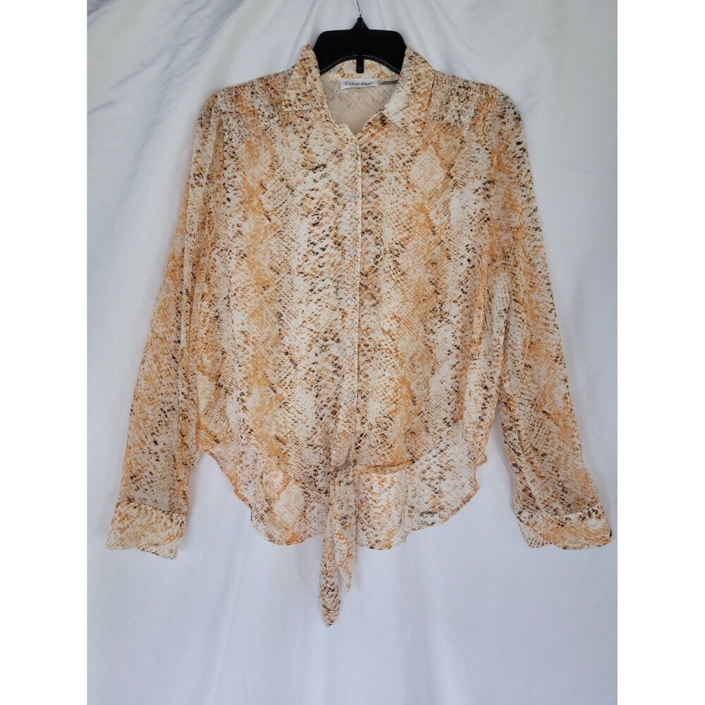 Calvin Klein Small Orange Tone Snake Skin Printed Tie-Waist Button Up Blouse